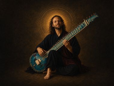 Yoav Fekete, the sitar artist known as YoYo Sitar, seated with his blue sitar before a golden halo