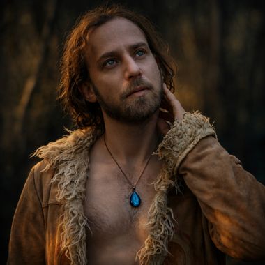 Artistic portrait of Yoav Fekete (YoYo Sitar) in a shearling coat with a blue pendant