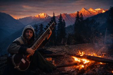 Yoav Fekete (YoYo Sitar) with his sitar by a campfire below snowy peaks in the Parvati Valley, Himalayas